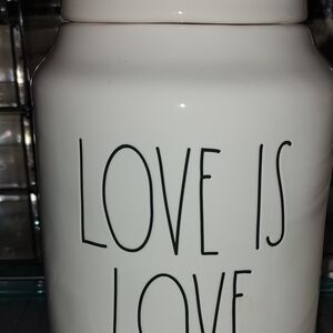 New! Rae Dunn White Ceramic Jar with 'Love is Love' Text